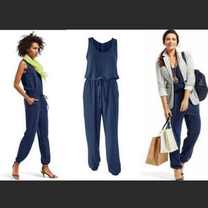 Cabi navy blue french chiffron jumpsuit #303 pockets size xs